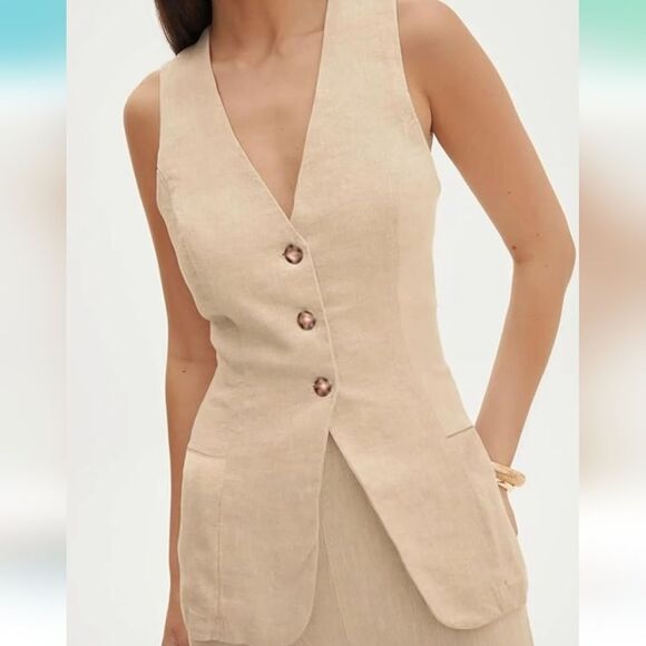 NWT Long Line Waistcoat Vest Sleeveless Cream - Picture 2 of 3